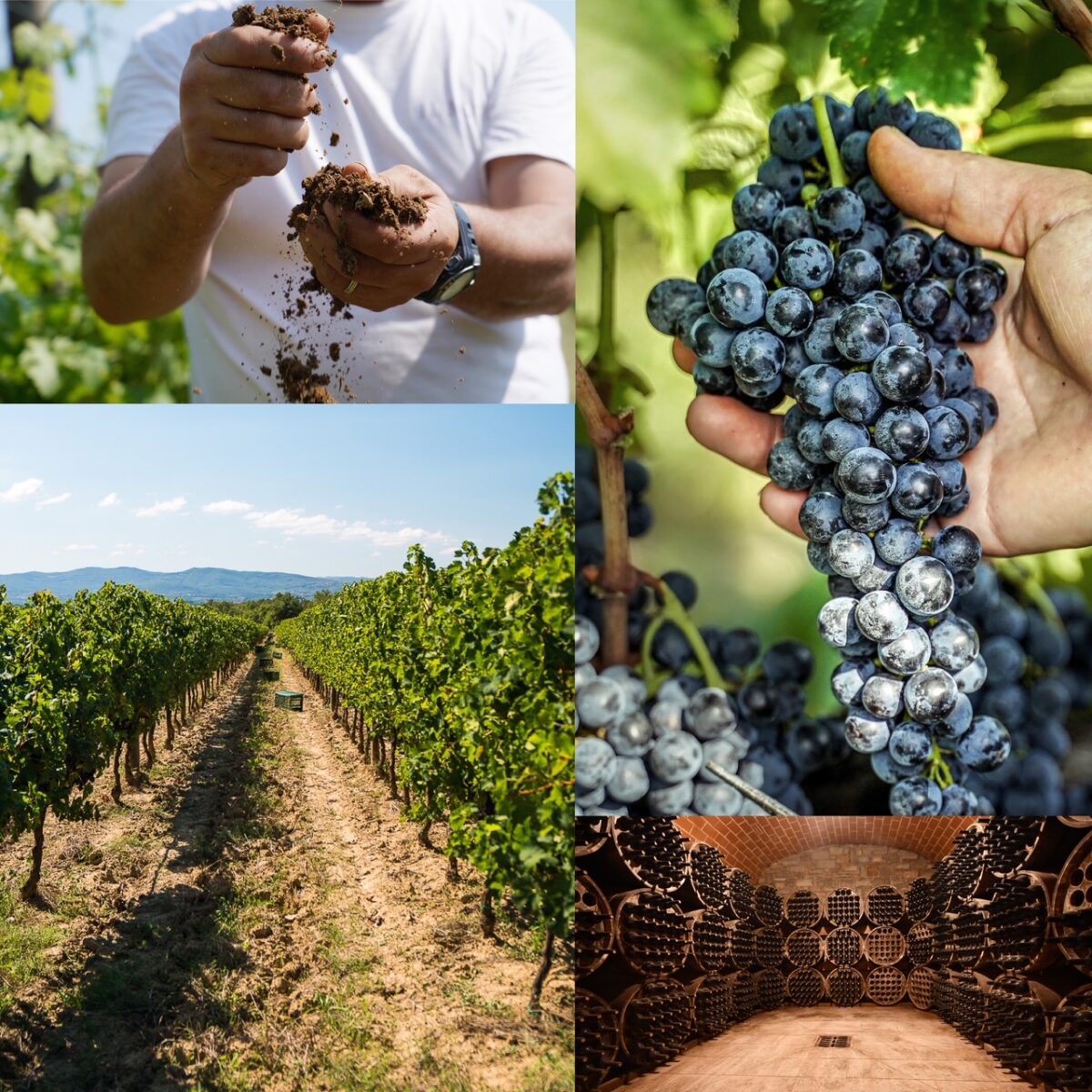 photo collage: grape cluster on vine, wine cellar, Tuscan vineyards, worker crumbling dirt in his hands