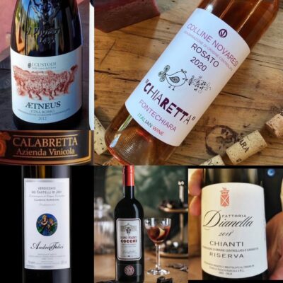 Photo collage of wine bottles and labels