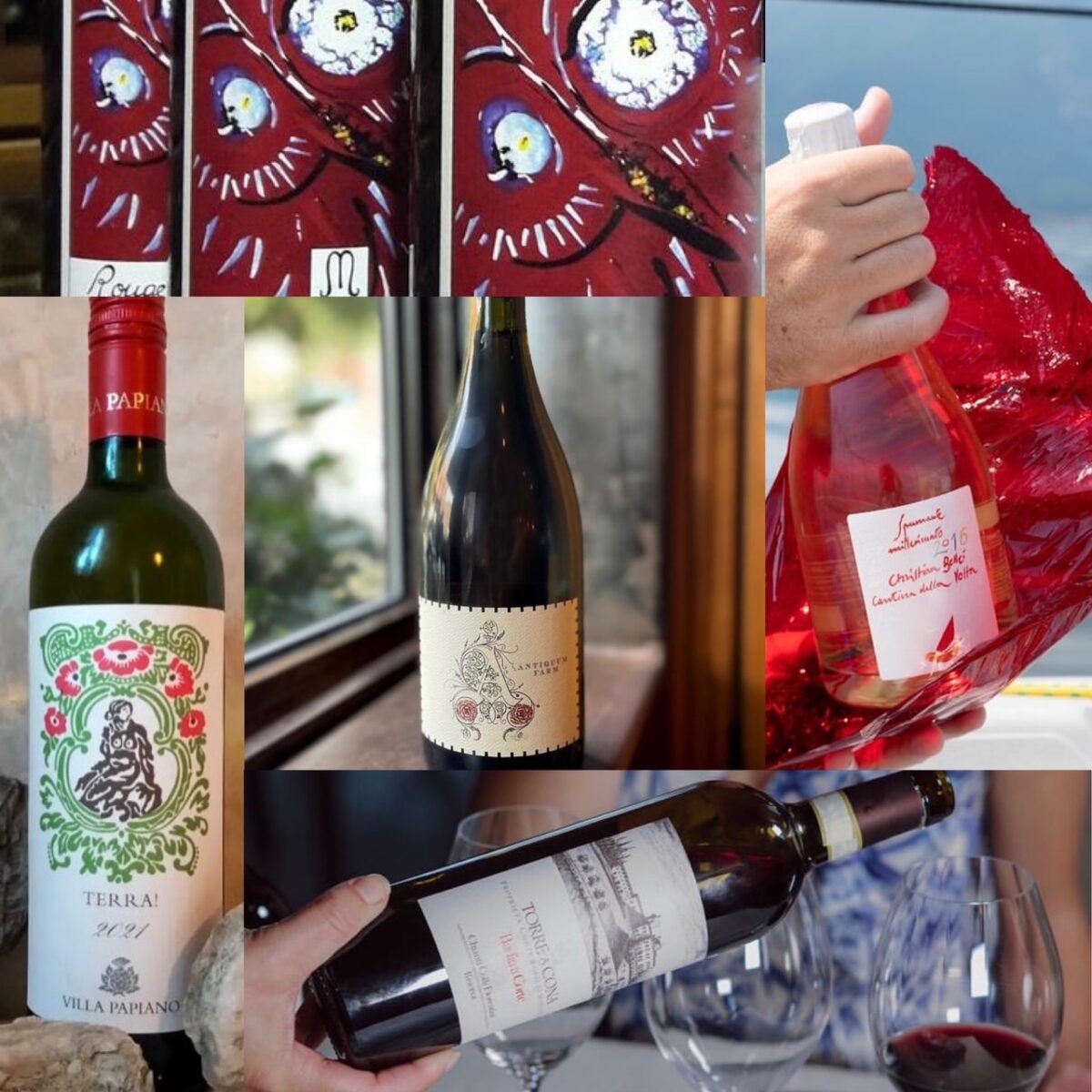 Collage of wine bottles and labels