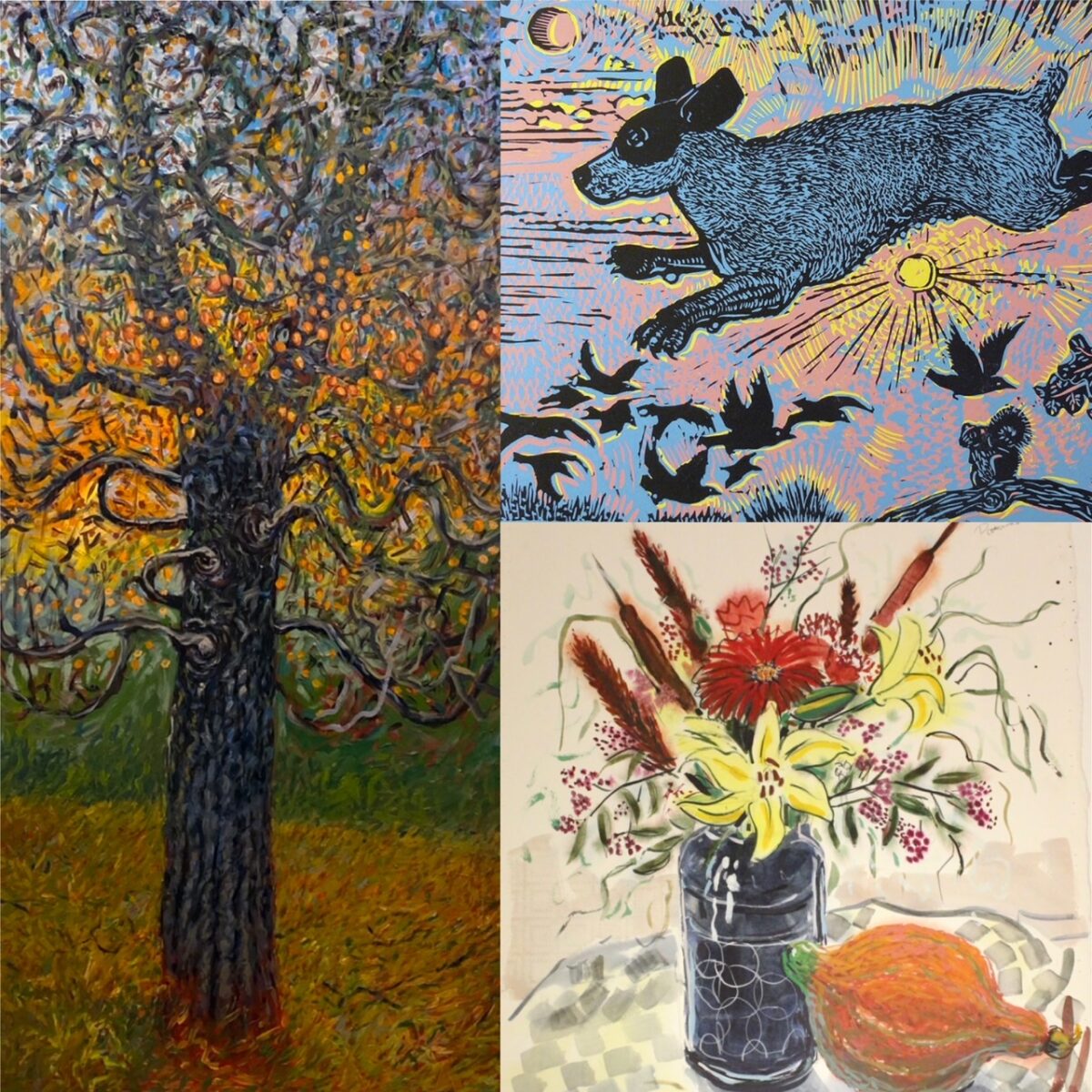 Photo collage: Print of Jack Russel leaping through sky, Watercolor vase of assorted flowers with gourd, oil painting of tall American Persimmon tree