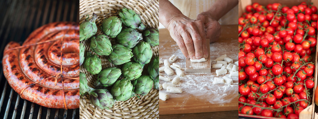 Collage of photos: Sausage grilling, artichokes, hand rolled pasta, fresh tomatoes