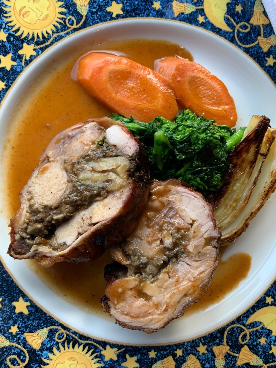 Roasted rabbit loin stuffed with Italian chestnuts and mushrooms