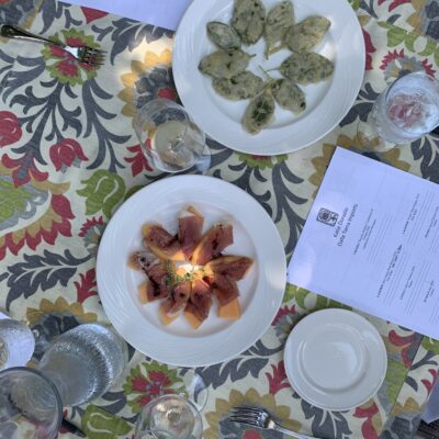 Overheard view of appetizers and wines