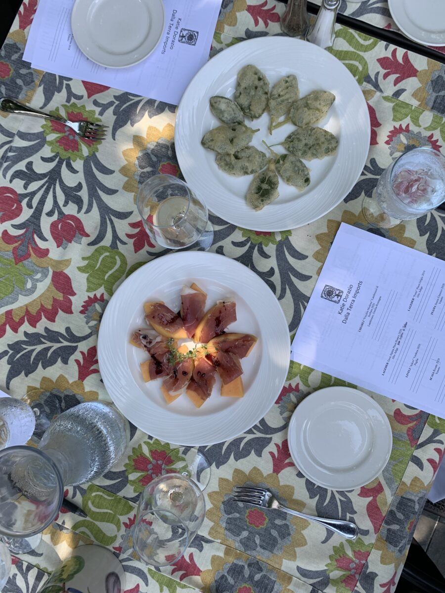 Overheard view of appetizers and wines