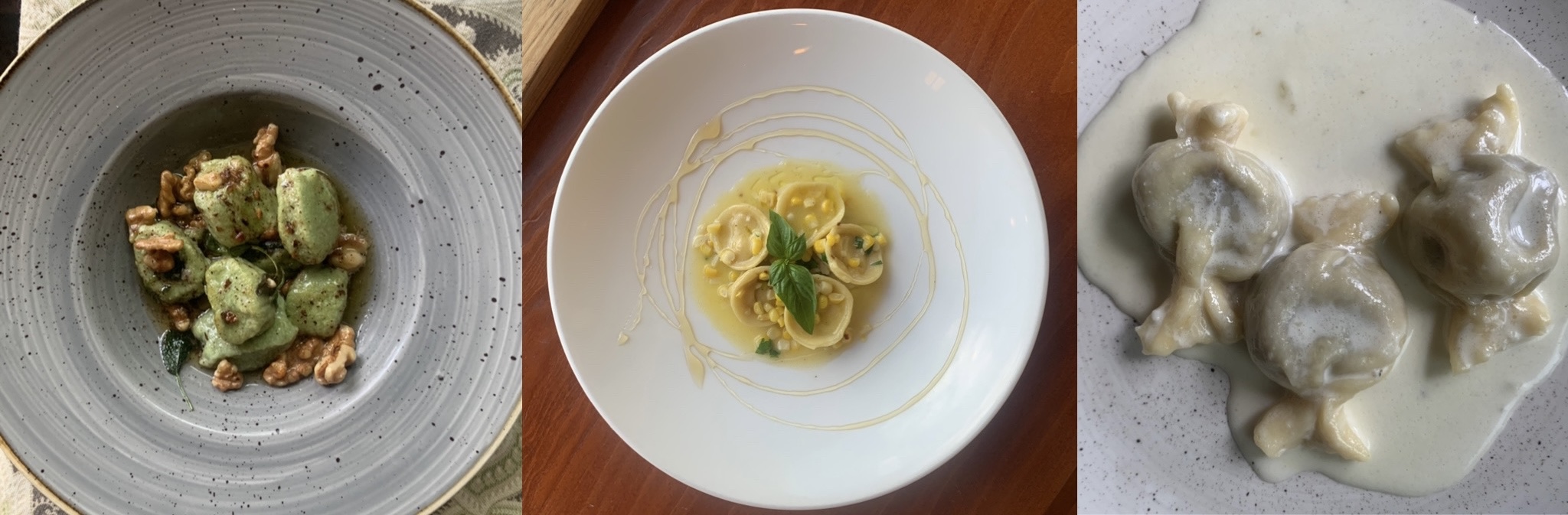 Photo collage: nettle gnocchi with sage and walnuts, burrata ravioli with sweet corn, and fig caramelle