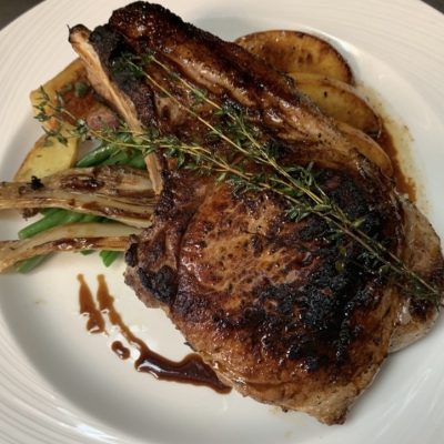 Photo collage: Italian craft beer, brined pork chop, & house made pork terrine