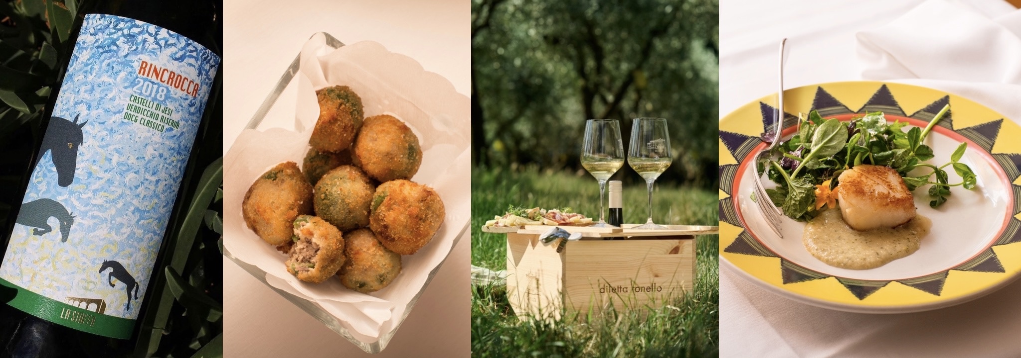 Photo collage: LA Staffa wine bottle, Olive all'Ascolane, Cantina Tonello wines and appetizers in the vineyard, Seared Diver scallop with microgreen salad