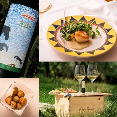 Photo collage: Seared Diver scallop with microgreen salad, Tonello wines with appetizers amidst the vines, Olive all'Ascolane, & La Satffa bottle