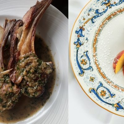Roast lamb chop, chocolate gianduja dessert